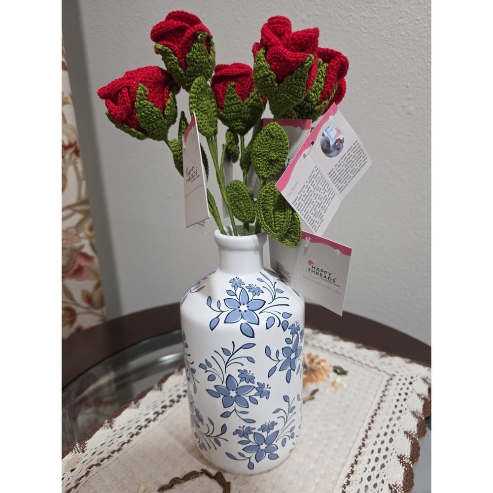 Set of 5 Handmade Crochet Red Rose Stems – Artificial Floral‎ Decor